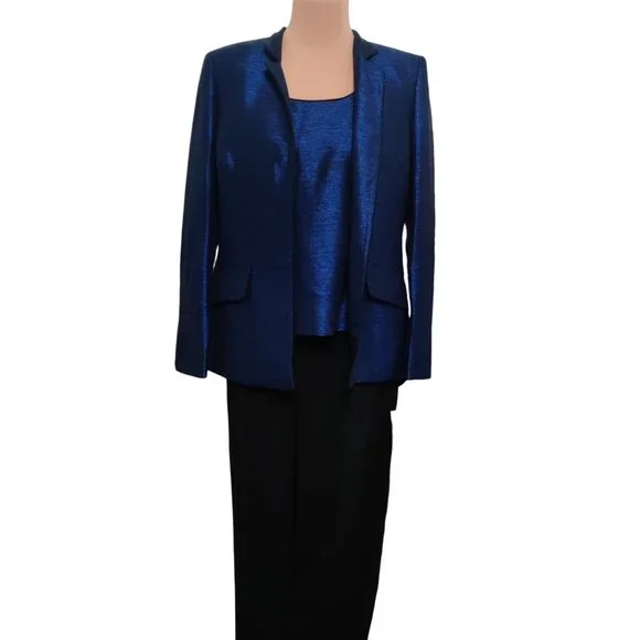 Kasper Womens piece suit set blazer tank pants black shiny blue